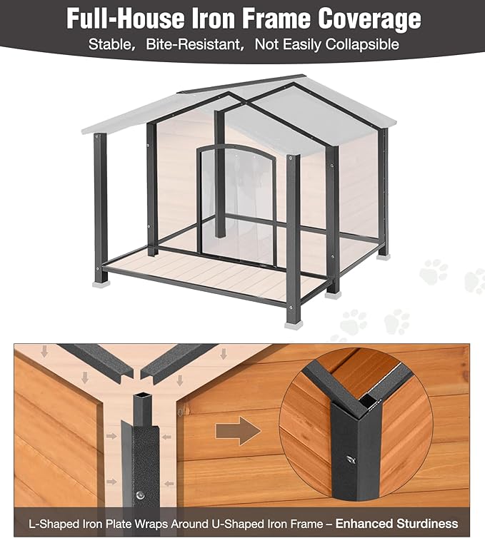 Dog House Outdoor with Porch, Anti-Chewing Iron Frame, Weatherproof Large Wooden Dog Kennel Outside with Openable Roof & Removable Floor, Elevated Base & PVC Curtain