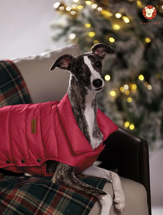 SPACE LION Dog Puffer Jacket, Down Winter Coat, Durable Outdoor Coat for Cold and Windy Conditions, Waterproof, Lightweight Jacket, Adjustable Fit for Small, Medium, Large Dogs(Red,14/L)