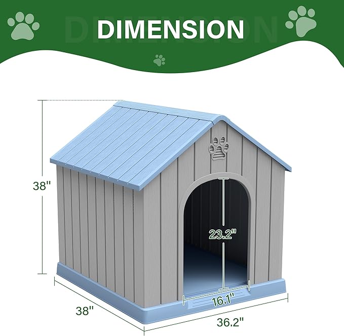 Large Dog House for Outdoor & Indoor, Waterproof Puppy Shelter with Air Vents & Elevated Floor, Easy Assemble Sturdy Dog Kennel for Large Dogs(Blue,36.2''L×38''W×38''H)