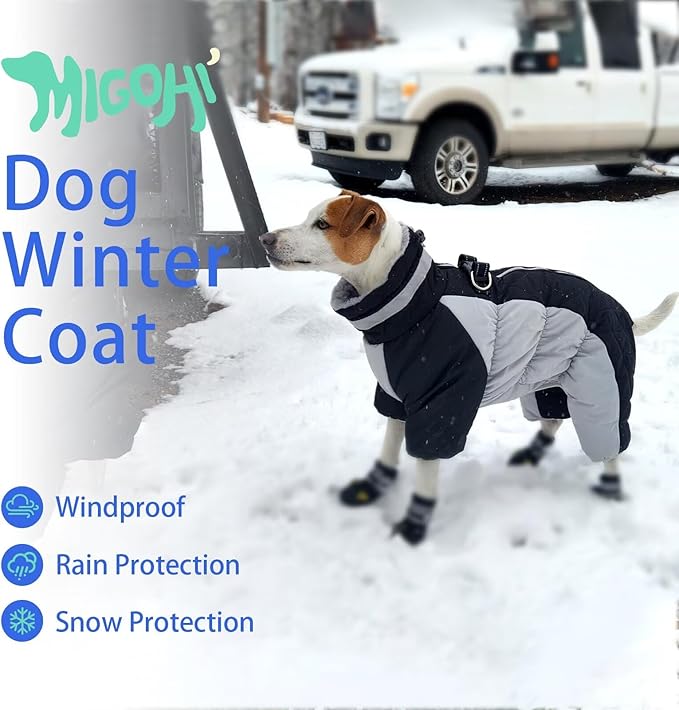 MIGOHI Full Body Dog Coat - Warm Reflective Winter Coat for Medium Dogs with Harness,Turtleneck Dog Fleece Jacket,Four-Leg Windproof Puffer Jackets Snowsuit with Zipper for Small Medium Large Dogs,L