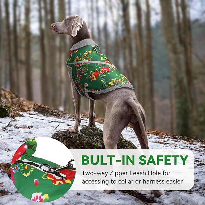 VIVAGLORY Snowrap Dog Coat, Jacket with Harness Hole & Velcro Closure, Dog Coat for Winter & Cold Weather, Fluffy Warm Fleece Lined Reflective Water Resistant for Puppy, M, Northeast Florals-Green