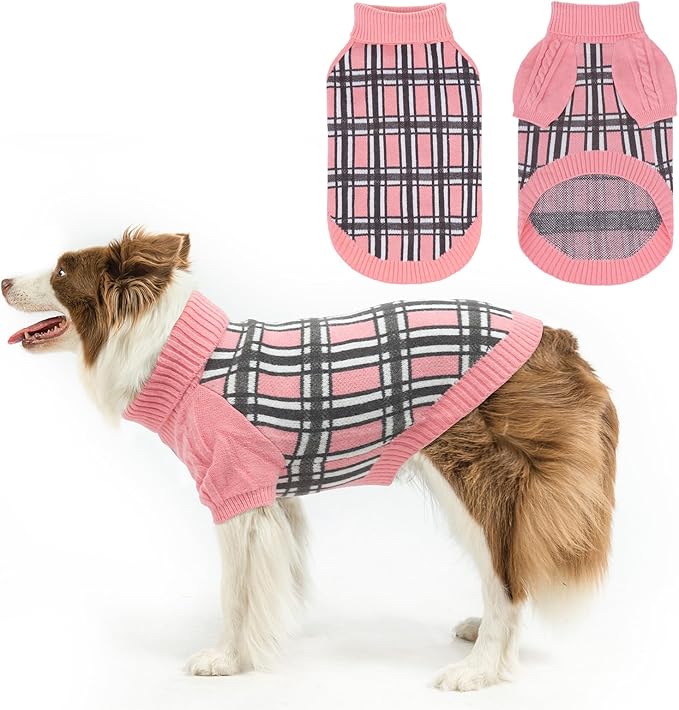 SCENEREAL Turtleneck Dog Sweater for Small Medium Large Dogs Girls Boys, Christmas Plaid Pullover Puppy Sweatershirt, Dogs Cold Weather Outfit Clothes, Ideal Gift for Pet in New Year, Pink Plaid ML