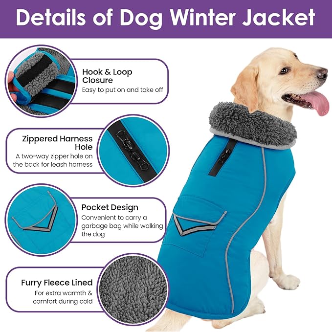 SUNFURA Dog Coat, XXXL Dog Winter Jacket, Reflective Fleece Snow Coat with Furry Collar, Waterproof Pet Puffer Jacket for Great Dane Extra Large Dogs, Turquoise 3XL
