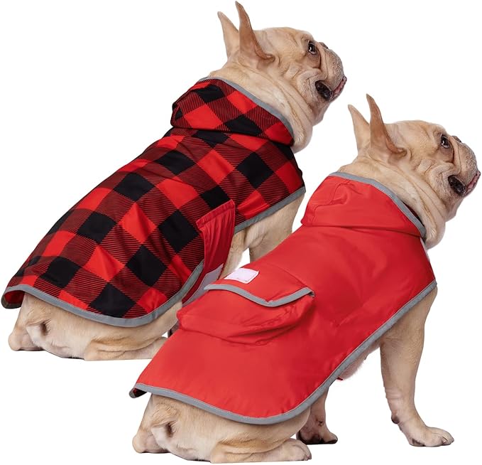 HDE Reversible Dog Raincoat Hooded Slicker Poncho Rain Coat Jacket for Small Medium Large Dogs Buffalo Plaid Red - M