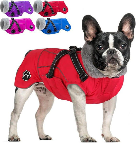 Doglay Dog Jacket Waterproof Dog Coat with Harness Built in, Christmas Puppy Winter Coat Reflective Turtleneck Puffer Snow Jackets for Small Medium Large Dogs