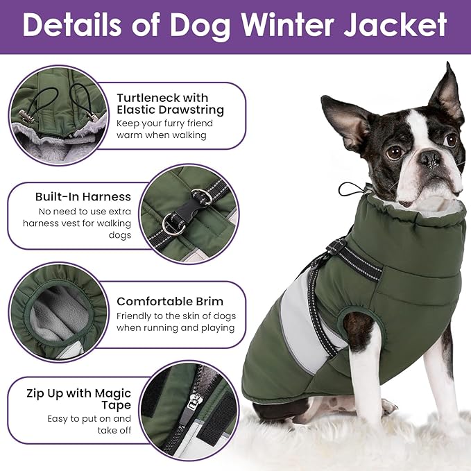 SUNFURA Dog Jacket, Large Dog Coat with Harness Built in, Warm Pet Winter Jacket Zippered Snow Coat with Furry Collar, Waterproof Fleece Snowsuit for French Bulldog, Army Green L