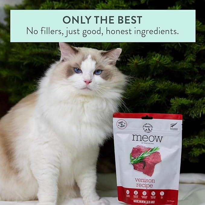 The New Zealand Natural Pet Food Co Meow Air Dried Cat Food - Venison Recipe, High Protein Dry Food, Use as a Complete Diet, Topper, Mixer, or as Cat Training Treats, All Life Stages,3.5 oz