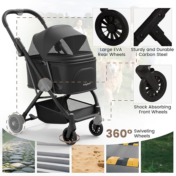 Lightweight Dog Stroller for Small Dogs & Cats Portable Compact Folded Pet Stroller Up to 35lbs Medium Pets One Click Folding Large Cat Carriage with Convertible Canopy Storage Basket - Black