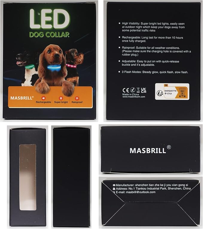 MASBRILL LED Dog Collar - Rechargeable, Waterproof, Glow Collar for Small to Large Dogs