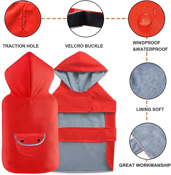 Small Dog Raincoat Dogs Rain Jacket Reflective Poncho Rainwear Waterproof Pet Clothes Warm Lined Pocket Hooded Leash Hole Adjustable for Puppy,Red,S,Back Length 8.3 Inch