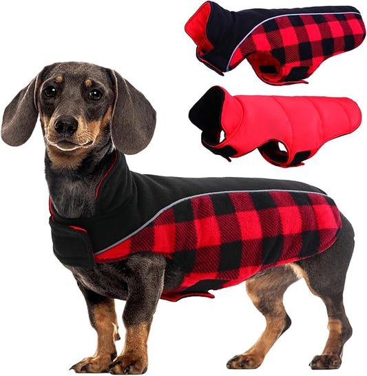 Kuoser Dog Winter Coat, Reversible Waterproof Dog Jacket with Reflective Strip, Warm Dogs Fleece Vest Adjustable Doggy Cold Weather Clothes Plaid Christmas Outfit Pet Apparel for Small Dogs, Red XS