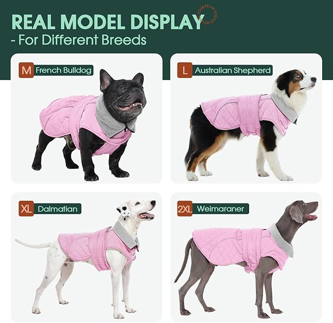 Kuoser Dog Coat, Extra Warm Dog Jacket Windproof Dogs Cold Weather Coats for Medium Dogs, Fleece Lining Turtleneck Puppy Snowsuit Reflective Adjustable Pet Winter Clothes Christmas, Pink M