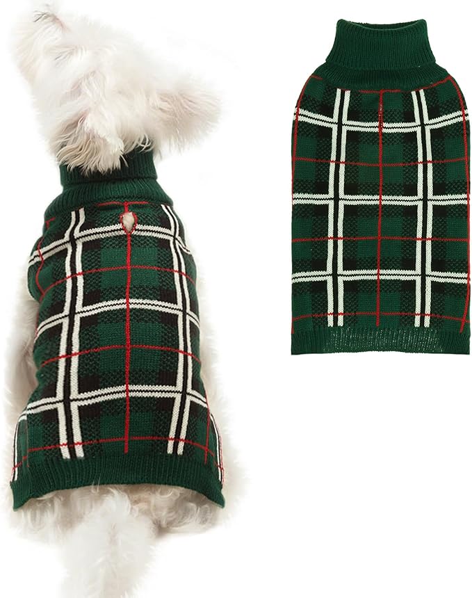 PUPTECK Dog Sweaters for Large Medium Small Dogs - Fall Classic Plaid Style Puppy Holiday Winter Coat Clothes Warm, Green, XS
