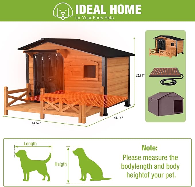 GUTINNEEN Large Heated Dog House Outdoor Dog Kennel Safe Winter Shelter with Thermostat-Controlled Heating Pad, Chew-Proof Metal Frame and 6-Sided Insulated Liner for Small to Large Dogs (Brown)