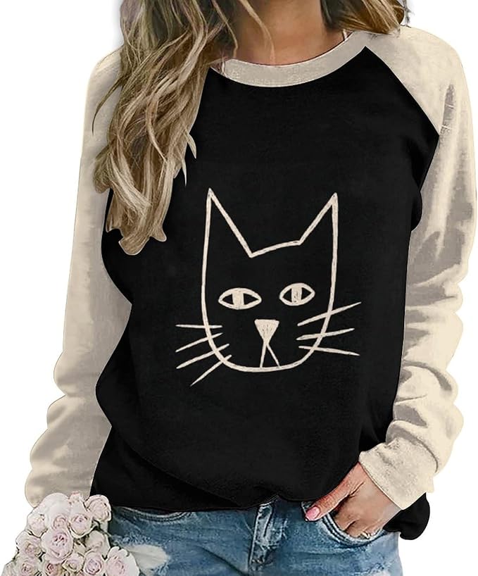 Abstract Cute Cat Shirts for Women Long Sleeve Lady Crewneck Pullover Sweatshirt Fall Winter Oversized Tops