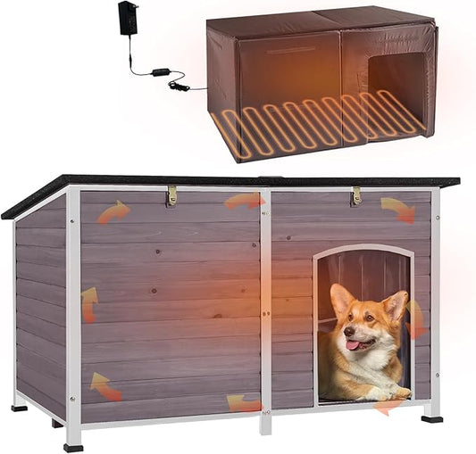 AIVITUVIN Outdoor Heated Dog House Anti Chewing Iron Frame Insulated Dog Kennel with Heating Pad Weatherproof Shelter （Grey,XL）