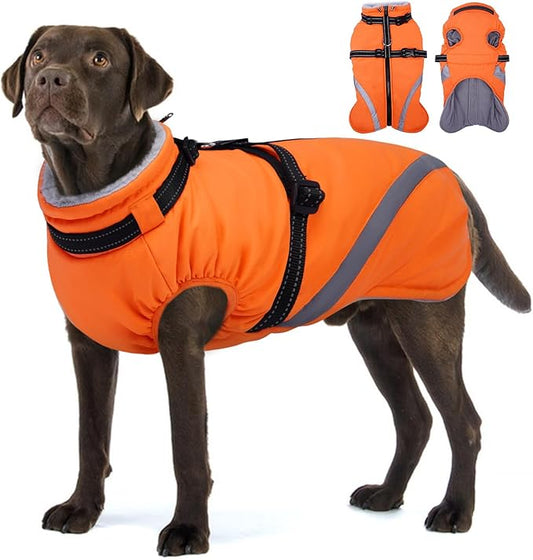 BRKURLEG Dog Winter Jackets for Large Dogs, Dog Coat with Harness Built in, Dogs Snowsuits with Zipper, Waterproof Windproof Pet Puffer Jacket Fleece Vest for Labrador, German Shepherd, Orange XXXL