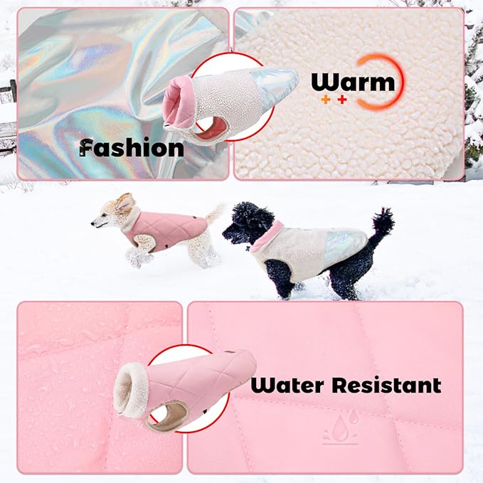EMUST Dog Coat, Warm Reversible Dog Winter Coat with Fleece Lining, Thick Plush Puppy Coats, Cream, XL