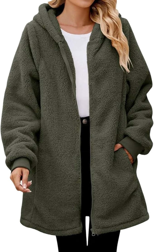 LIZALIG Women's Oversized Fleece Jacket Hooded Zip-Up Cardigan Coat with Pockets Warm Winter Casual Wear for Vacation