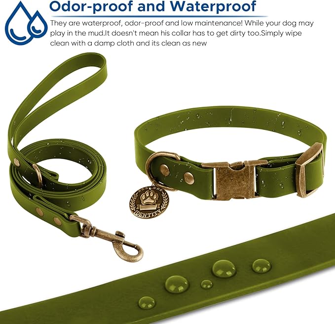 Wisedog Dog Collar and Leash Set, Waterproof Adjustable Puppy Collars with Cute Tag 6FT Dog Leash with Poop Bag for Small Medium Large Dogs (S, Green)