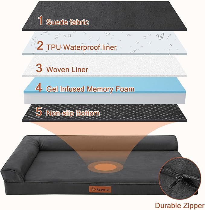 Orthopedic Dog Beds Large Sized Dog, Memory Foam Pet Bed for Medium and Large Dogs, Removable and Washable Microsuede Cover, TPU Waterproof Liner, Nonskid Bottom, 41x27x6 Inches, Dark Grey