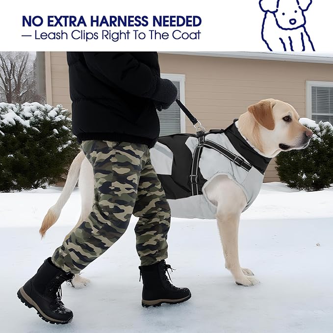 FUAMEY Dog Winter Jackets for Large Dogs,Dog Coat with Harness Built in,Waterproof Dogs Snowsuits Warm Pet Jacket Zip Up Fleece Cold Weather Coats Reflective Puppy Vest with Pocket Black 3XL