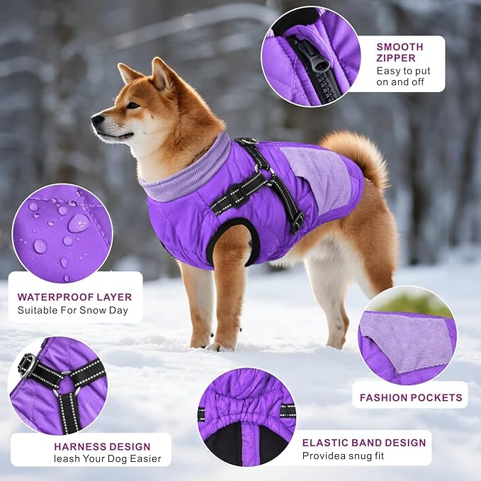Mosucoirl Warm Dog Coats Pet Clothes, Waterproof Dogs Jacket Reflective Pet Outfits Winter Dog Cold Weather Coat Cozy Snow Jackets Vest for Small Medium Large Dogs Puppy Doggie (Purple, L)