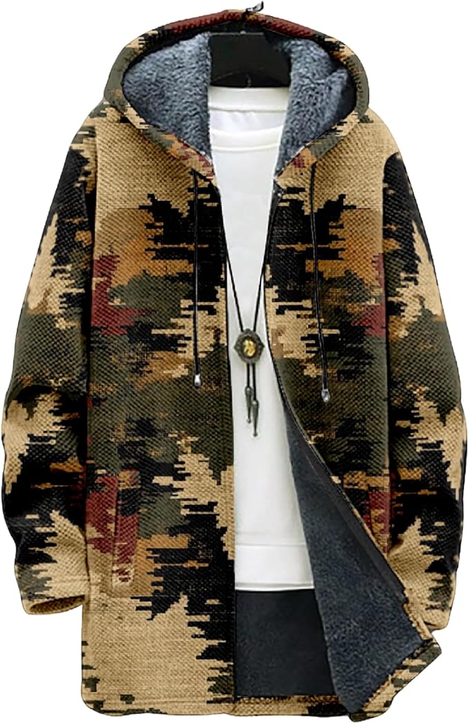 Mens Aztec Print Hoodie Heavyweight Cotton Fleece Jacket Zip Up Warm Long Sleeve Hooded Winter Midi Coat