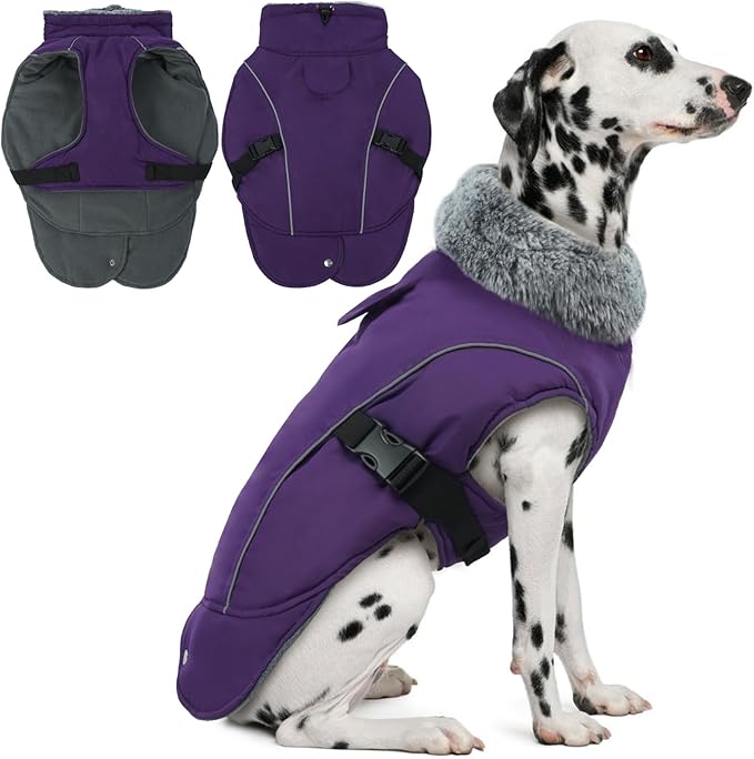 DENTRUN Extra Large Warm Dog Jacket - Windproof Water Repellent Reflective Coat, Adjustable Plush Turtleneck, Easy Wear Fleece Lined Cold Weather Vest for Great Dane, Purple, XXXL