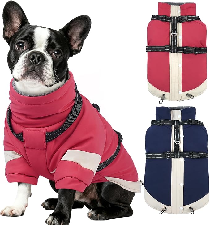 MIGOHI Dog Coat with Harness Built in, 2-in-1 Windproof Dog Winter Jacket, Thermal Reflective Snowsuit with Turtleneck, Back Zipper Fleece Coat for Small Dogs, Chihuahua, Pink, XS