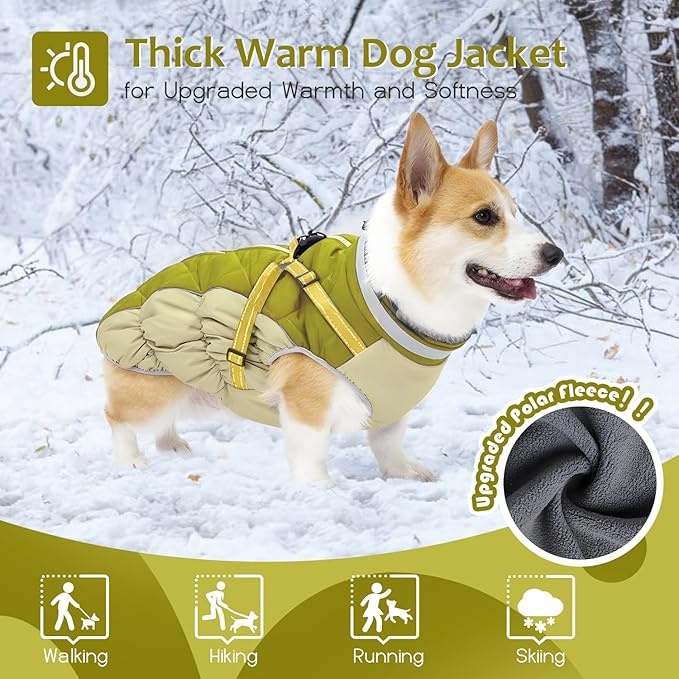 Dog Winter Coat with Harness, Dog Jacket, Pet Clothes with Zipper on Back, Waterproof Windproof Warm Vest, Reflective Cold Weather Coats, for Small Medium Large Dogs, Thick, Green, 2XL