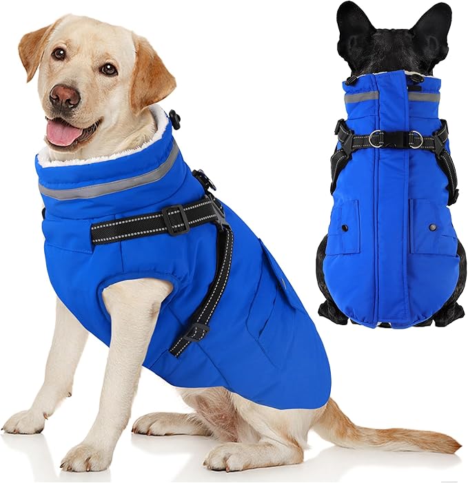 Dogcheer Dog Coat with Harness, Waterproof Warm Dog Winter Jacket with Pockets, Reflective Pet Fleece Jacket Turtleneck Snowsuit for Small Medium Large Dogs - Blue, 3XL