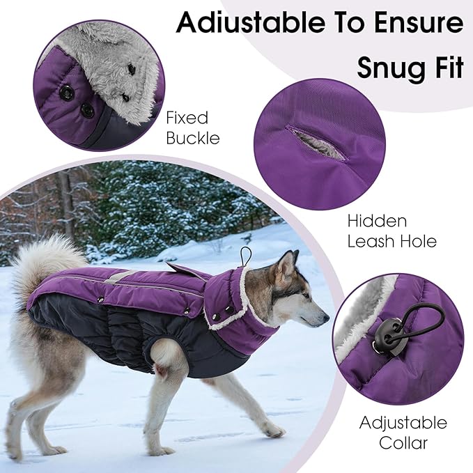 Queenmore Warm Fleece Dog Jacket - Cold Weather Waterproof Snow Jacket with Leash Hole, Reflective Turtleneck - Purple, Medium