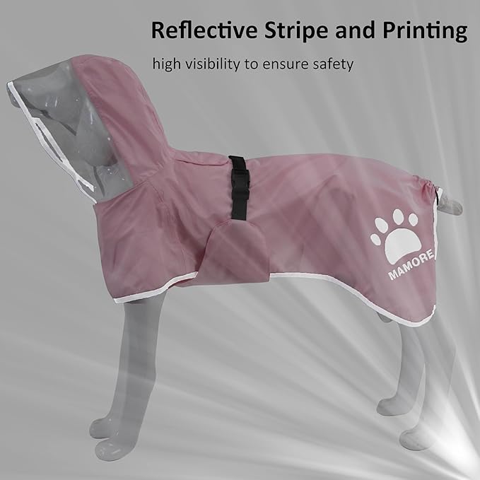 MAMORE Dog Raincoat Waterproof, Lightweight Adjustable Dog Rain Coat Hooded Poncho with Reflective Strip for Large Medium Small Dogs (Pink, Small)