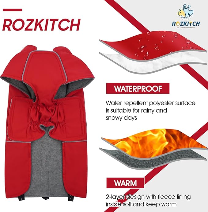ROZKITCH Dog Jackets for Large Dogs, Coat with Harness Opening with Fleece Lining Reflective Strip for Extra Large Pet, Waterproof Adjustable Poncho Vest for Outdoor Hiking Travel Red 3XL