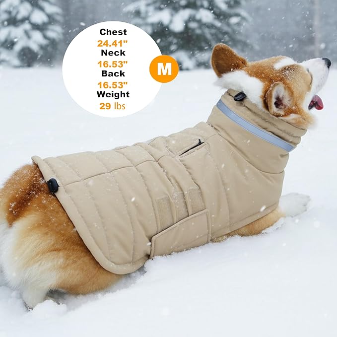 Dog Coat, Waterproof Winter Jacket, Warm Windproof Jacket, Reflective Adjustable Turtleneck Coats for Medium Dogs with Hook & Loop - Khaki - M