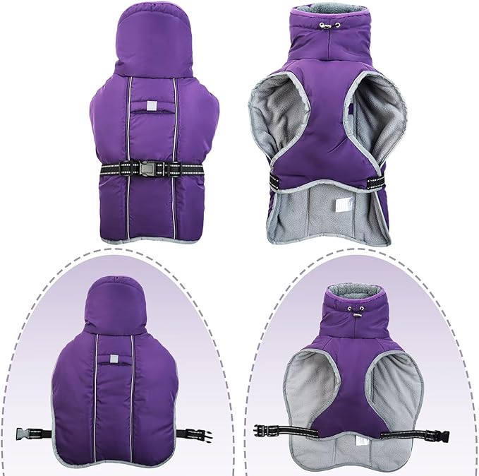 Dog Winter Jackets for Large Dogs,Size L Warm Pet Coat with Leash Hole,Waterproof Dogs Snowsuits Warm Pet Jacket Fleece Cold Weather Coats Reflective Puppy Vest,Dog Cold Weather Coats,Purple,L