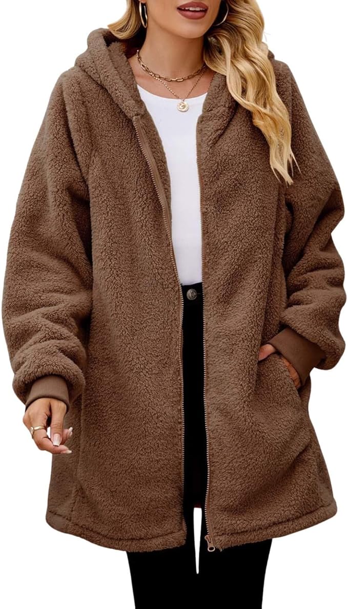 LIZALIG Women's Oversized Fleece Jacket Hooded Zip-Up Cardigan Coat with Pockets Warm Winter Casual Wear for Vacation