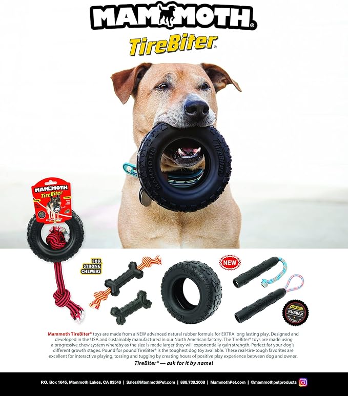 Mammoth Pet Products TireBiterII Bone with Extra Cotton-Poly Rope â€“ Natural Rubber Dog Toys for Extreme Chewers â€“ Aggressive Chewer Toys for Dogs - Large 15â€, Black (35023F)