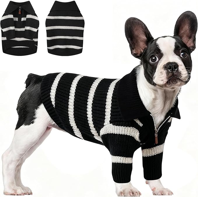 Small Dog Sweater with Zipper, Knitted Striped Pullover Dog Clothes for Cold Weather, Thick Warm Cozy Stretchy Sweater for Chihuahua, Bulldog, Dachshund, Pug(Black & White Strip, S)