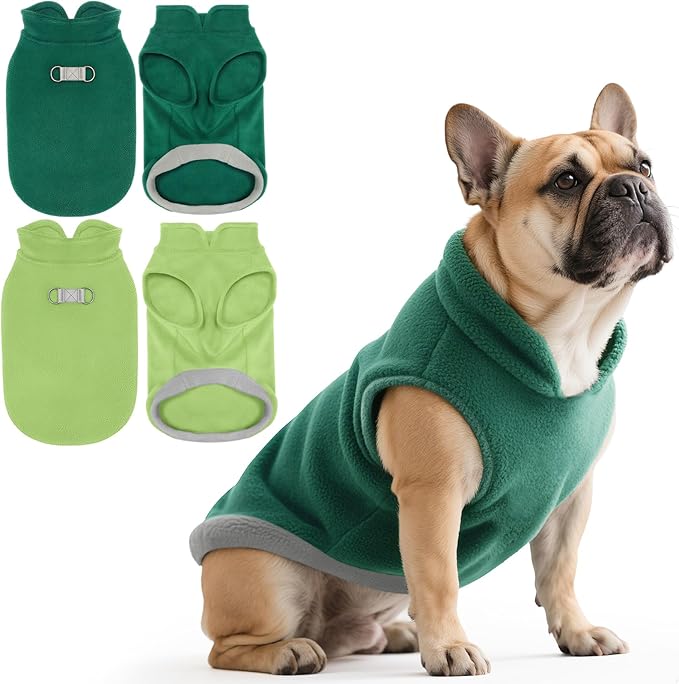 Idepet 2 Pack Dog Fleece Vest Sweater Warm Pullover Jacket with D-Ring Leash Reflective Winter Coat Hoodie for French Bulldog Pug Chihuahuas Yorkies Dachshunds(Dark Green&Grass Green,Small)