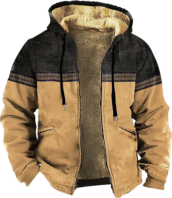 Men's Western Aztec Jackets Hooded Cowboy Hoodie Warm Full Zip Ethnic Vintage Long Sleeve Coat Fall Winter Tops