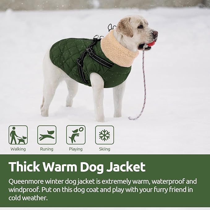 Queenmore Dog Jackets for Large Dogs, Dog Coat with Harness Built-in, Thick Fleece Lining Waterproof Jacket for Large Breeds, Back Zipper Pet Winter Jacket for Retriever, Labrador, ArmyGreen XL