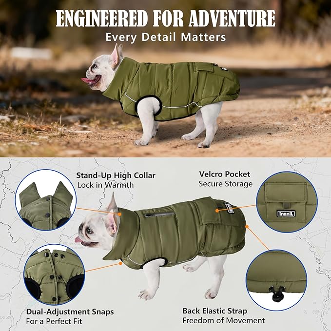 Dog Winter Jacket Waterproof, Reflective Fleece Lined Dog Coats for Small Medium Large Dogs, Warm Snow Coat for Dogs, Insulated Cold Weather Dogs Puffer Jackets with Leash Hole, Olive, M