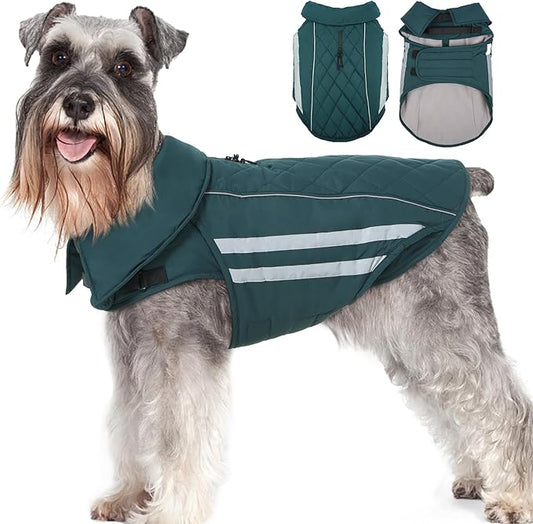 Dog Coat for Large Dogs Waterproof Winter Jacket with Harness Hole Turtleneck Hook & Loop Snowsuit Warm Fleece Dog Jacket for Cold Weather Windproof, Green XL