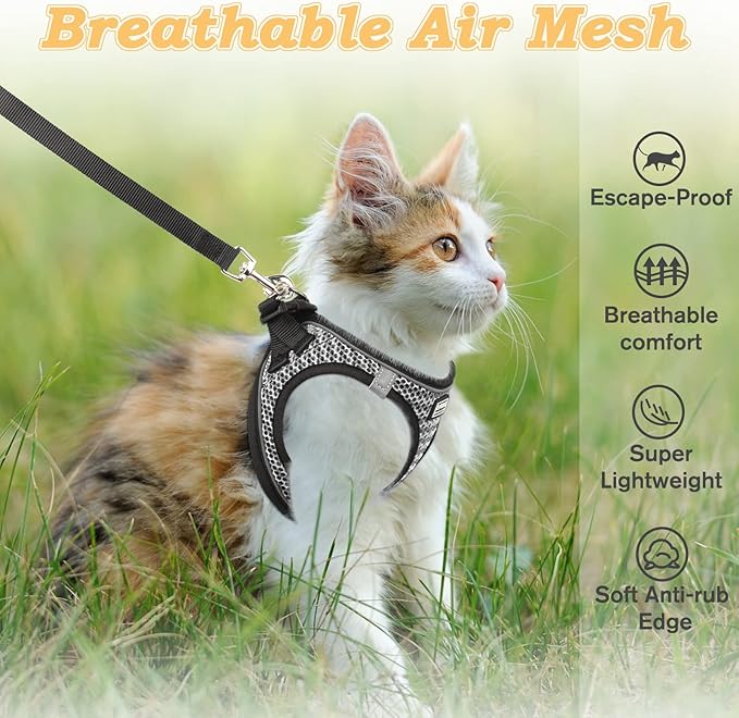 Cat Harness and Leash for Walking Escape Proof, Adjustable Kitten Vest Harness Reflective Soft Mesh Puppy Harness for Outdoor, Comfort Fit, Easy to Control (Gray, XS)