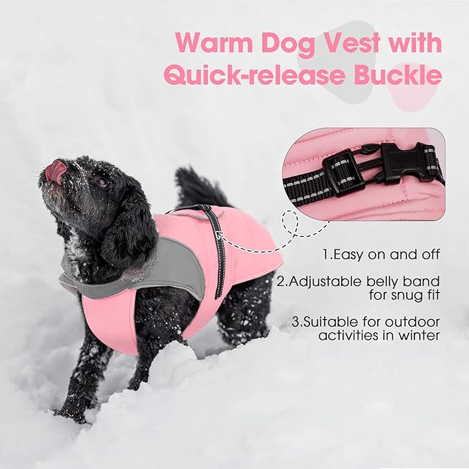 Nanaki Warm Fleece Lined Furry Collar Winter Coats Jackets Vests for Dogs, Waterproof Reflective Dog Snowsuit with Leash Hole Outdoor Walking Hunting, Easy On Pullover Medium Dog Puppy Coat Pink XL