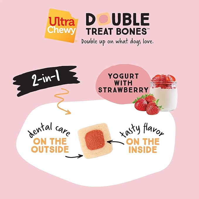 Ultra Chewy 3 Flavor Yogurt Double Treat Bones: Strawberry, Blueberry and Banana, Long-Lasting Dog Treats Made in USA for Large and Small Breeds, Highly Digestible (12 Count)