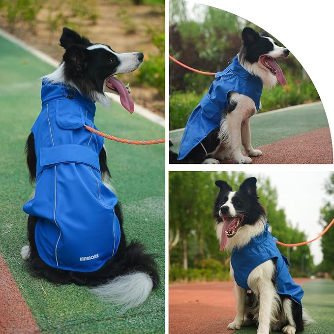 Waterproof Dog Raincoat with Reflective Strip, Adjustable Breathable Rain Coat Jacket with Leash Hole for Dogs (Blue, Large)