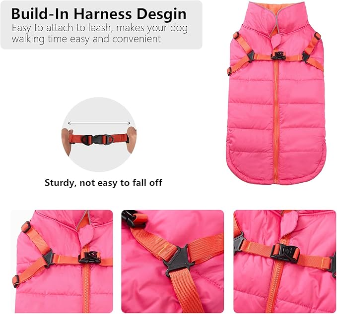 Geyecete Winter Warm Coat Waterproof Dog Winter Jacket with Harness Traction Belt,Windproof Pet Outdoor Jacket Dog Autumn-Pink-XXL